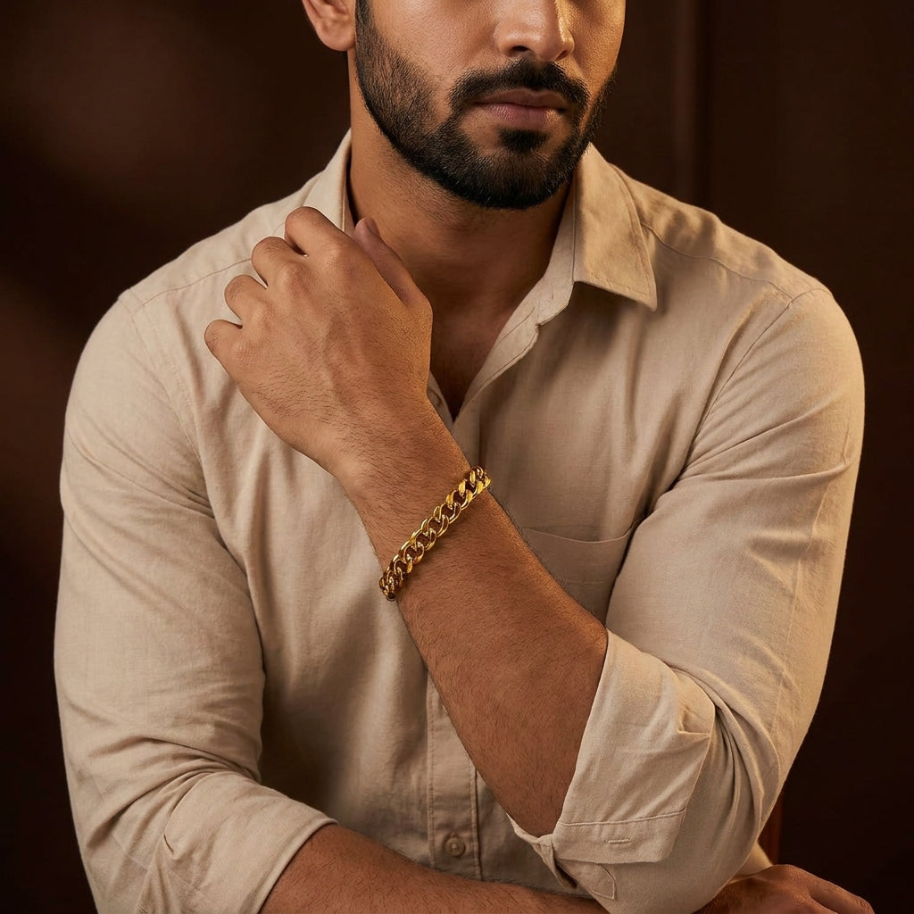 Golden Lean-Link Flexi Size Steel THIN Bracelet (5MM) | 18K PVD Gold Plated- For Men | Includes: Bracelet