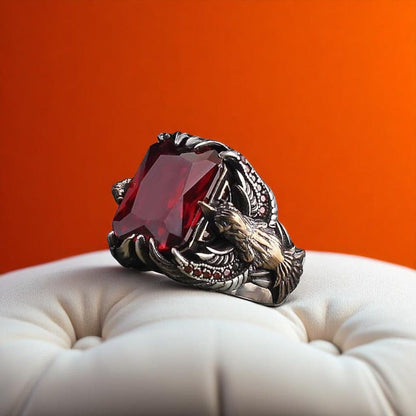 Eagle Passion Vintage Ring | Red Zircon - For Men | Includes: Ring