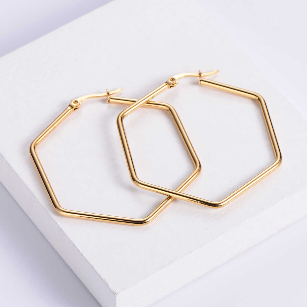 Contemporary Hex Earrings | PVD 18K Gold Plated, Stainless Steel, Water Proof - For Women | Includes: Earrings