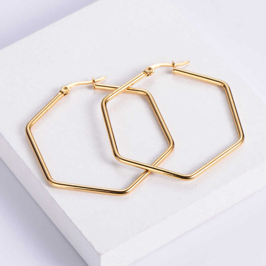 Contemporary Hex Earrings | PVD 18K Gold Plated, Stainless Steel, Water Proof - For Women | Includes: Earrings