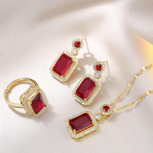Ruby Baguette Set | PVD 18K Gold Plated, Waterproof & Anti-tarnish - For Women | Includes: Necklace, Earrings, Ring