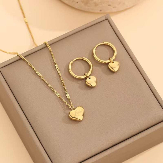 Golden Heart beat Set | PVD 18K Gold Plated - For Women | Includes: Necklace, Earrings