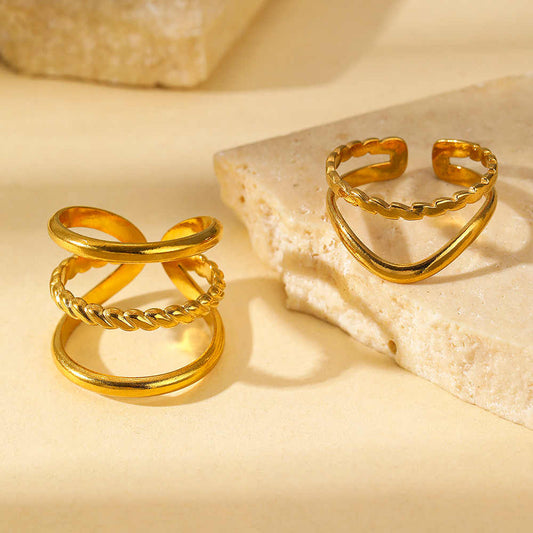 Trendy Multilayered Rings | 18K PVD Gold Plated - For Women | Includes: Rings (Set of 2)