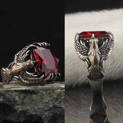 Eagle Passion Vintage Ring | Red Zircon - For Men | Includes: Ring