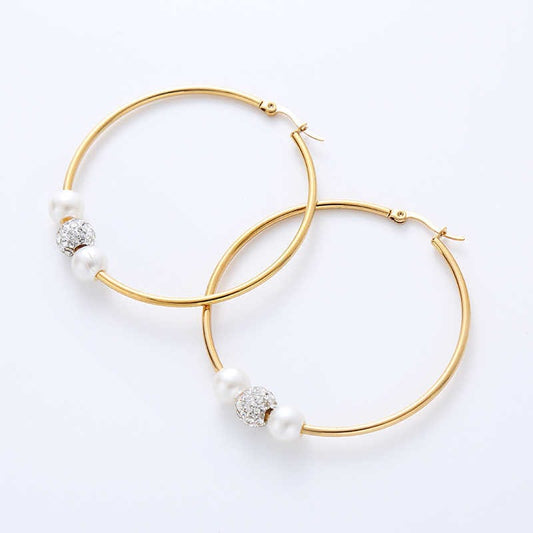Elegant Pearl Hoop Earrings | PVD 18K Gold Plated, Stainless Steel, Water Proof, Pearl & Zircon - For Women | Includes: Earrings