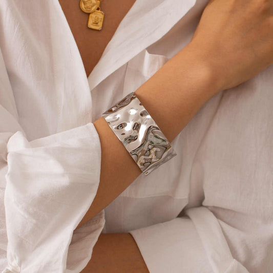 Hammered Cuff Bracelet | Silver PVD Plated - For Women | Includes: Bracelet