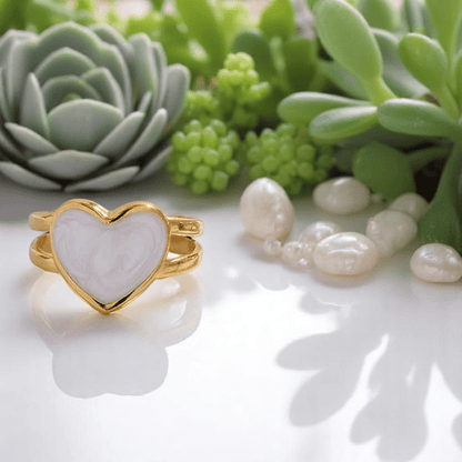 Pearly Heart Ring | PVD 18K Gold Plated, Stainless Steel, Water Proof - For Women | Includes: Ring