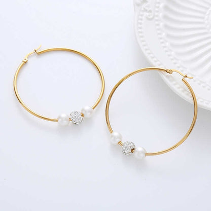 Elegant Pearl Hoop Earrings | PVD 18K Gold Plated, Stainless Steel, Water Proof, Pearl & Zircon - For Women | Includes: Earrings