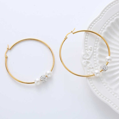 Elegant Pearl Hoop Earrings | PVD 18K Gold Plated, Stainless Steel, Water Proof, Pearl & Zircon - For Women | Includes: Earrings