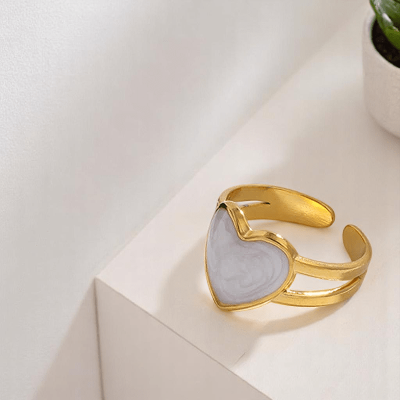 Pearly Heart Ring | PVD 18K Gold Plated, Stainless Steel, Water Proof - For Women | Includes: Ring