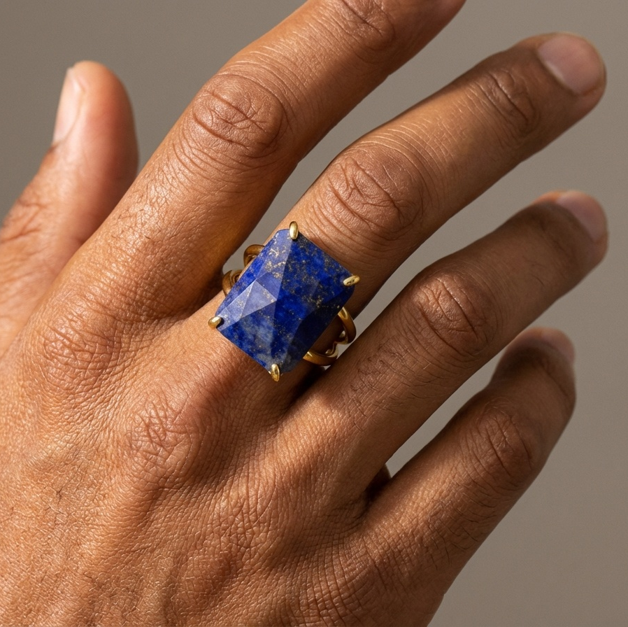 BOLD Natural Lapis Stone Golden Flexi Size Ring | 18K Real Gold PVD Plated– For Men | Includes: Ring