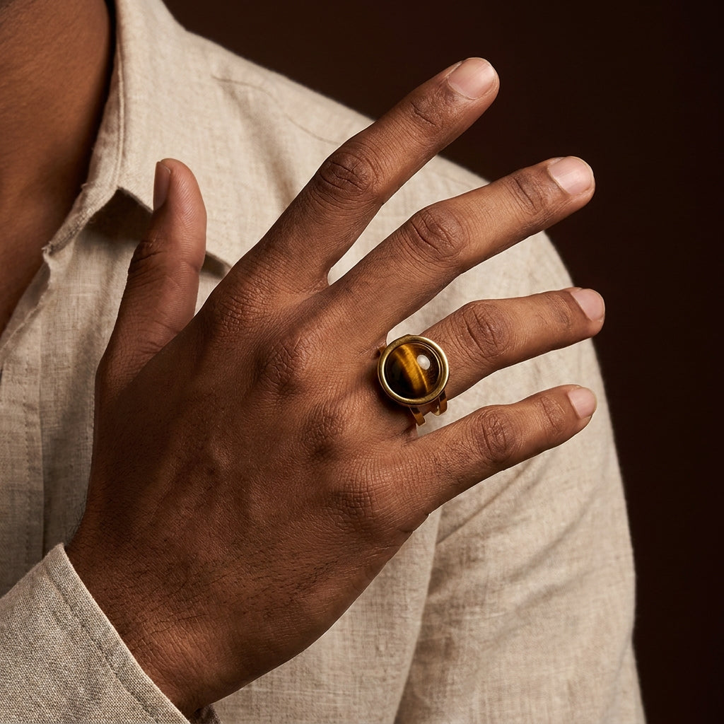 Tiger Eye Real Stone Flexi Size Golden Ring | 18K Real Gold PVD Plated– For Men | Includes: Ring