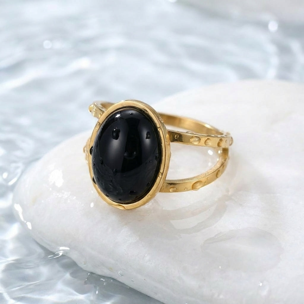 Black Onyx Stone Golden Dual Band Oval Ring | 18K Real Gold PVD Plated– For Men | Includes: Ring