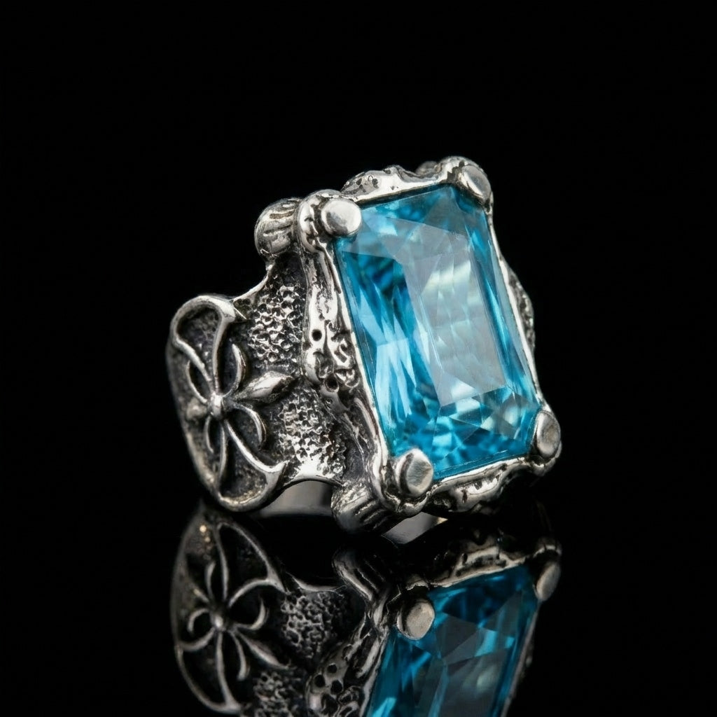 Blue Zircon BOLD Iranian Sword Ring | Titanium Steel– For Men | Includes: Ring