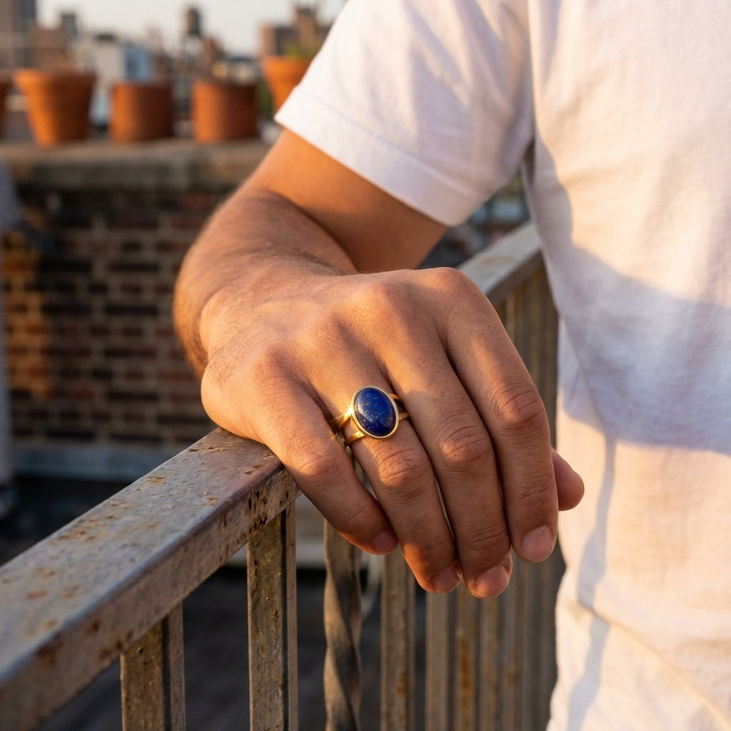 Lapis Lazuli Stone Golden Dual Band Oval Ring | 18K Real Gold PVD Plated– For Men | Includes: Ring