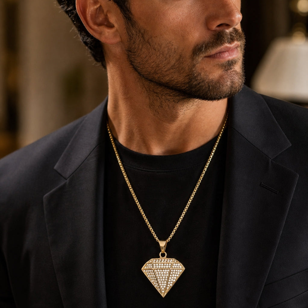 Ultra Posh Diamond Zircon Golden Necklace | 18K PVD REAL Gold Plated- For Men| Includes: Necklace