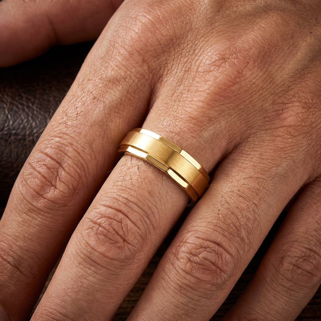 Premium side faceted Golden Steel Ring | 18K Real Gold PVD Plated– For Men | Includes: Ring