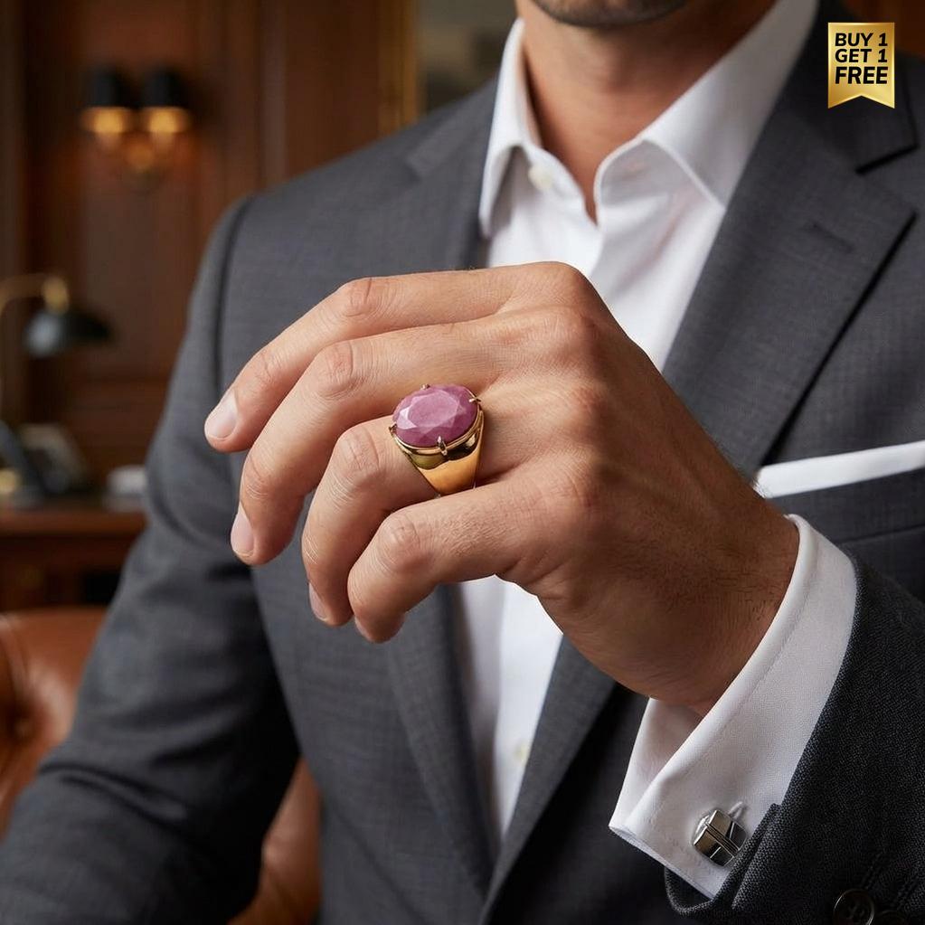 Natural Berry Quartz Faceted Stone Golden Flexi Size Ring | 18K Real Gold PVD Plated– For Men | Includes: Ring