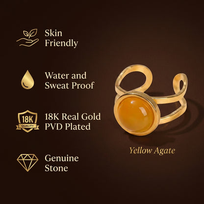 Yellow Quartz Real Stone Flexi Size Golden Ring | 18K Real Gold PVD Plated– For Men | Includes: Ring