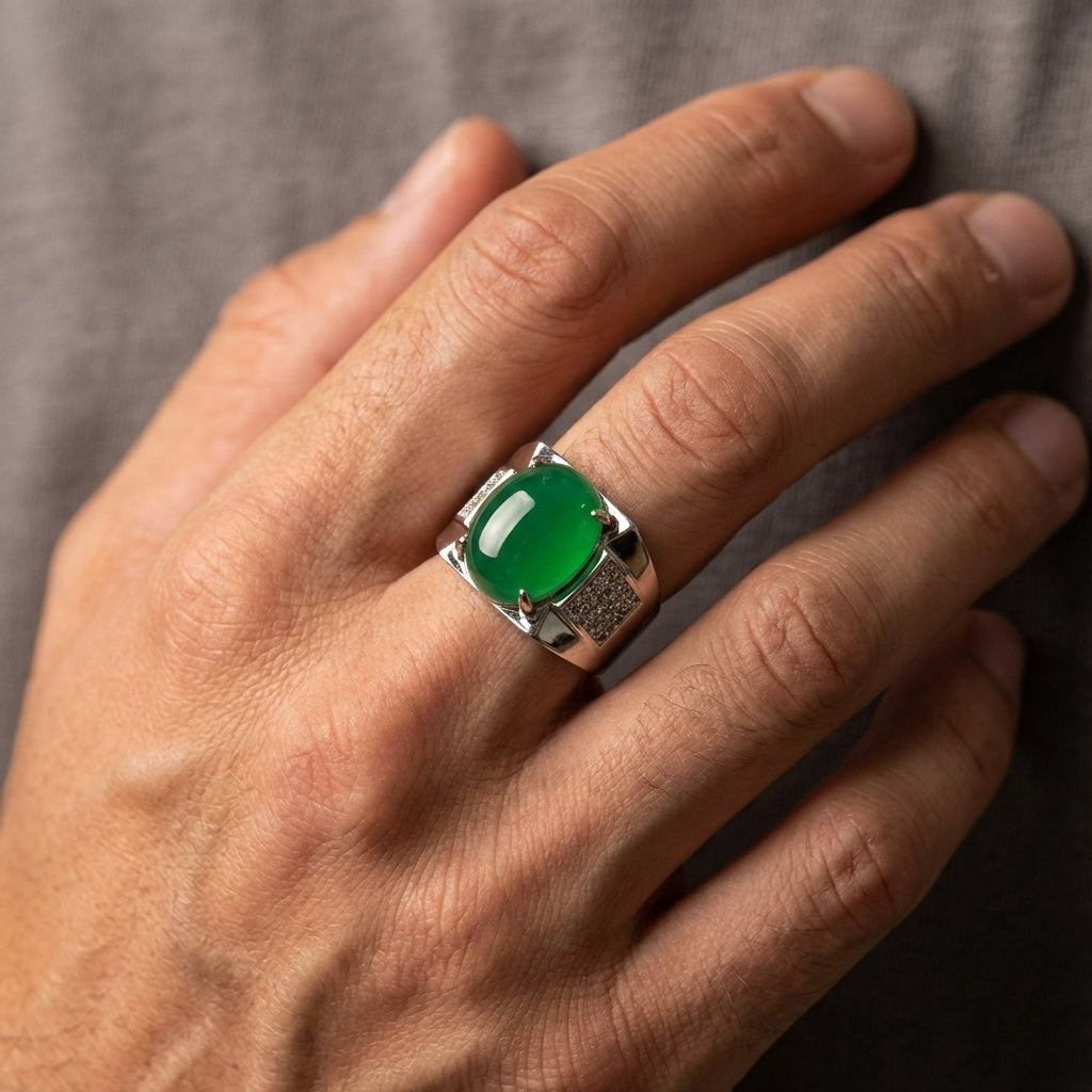 Green REAL STONE Zircon Ring | Pure Silver Plated Steel– For Men | Includes: Ring