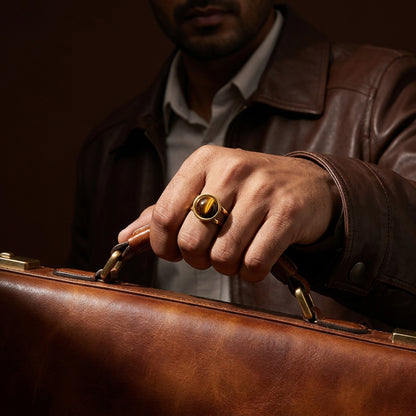 Tiger Eye Real Stone Flexi Size Golden Ring | 18K Real Gold PVD Plated– For Men | Includes: Ring