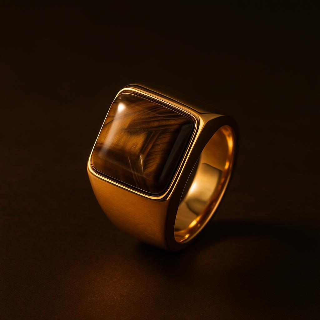 Natural BOLD Tiger Eye Stone Golden Titanium Steel Ring | 18K Real Gold PVD Plated– For Men | Includes: Ring