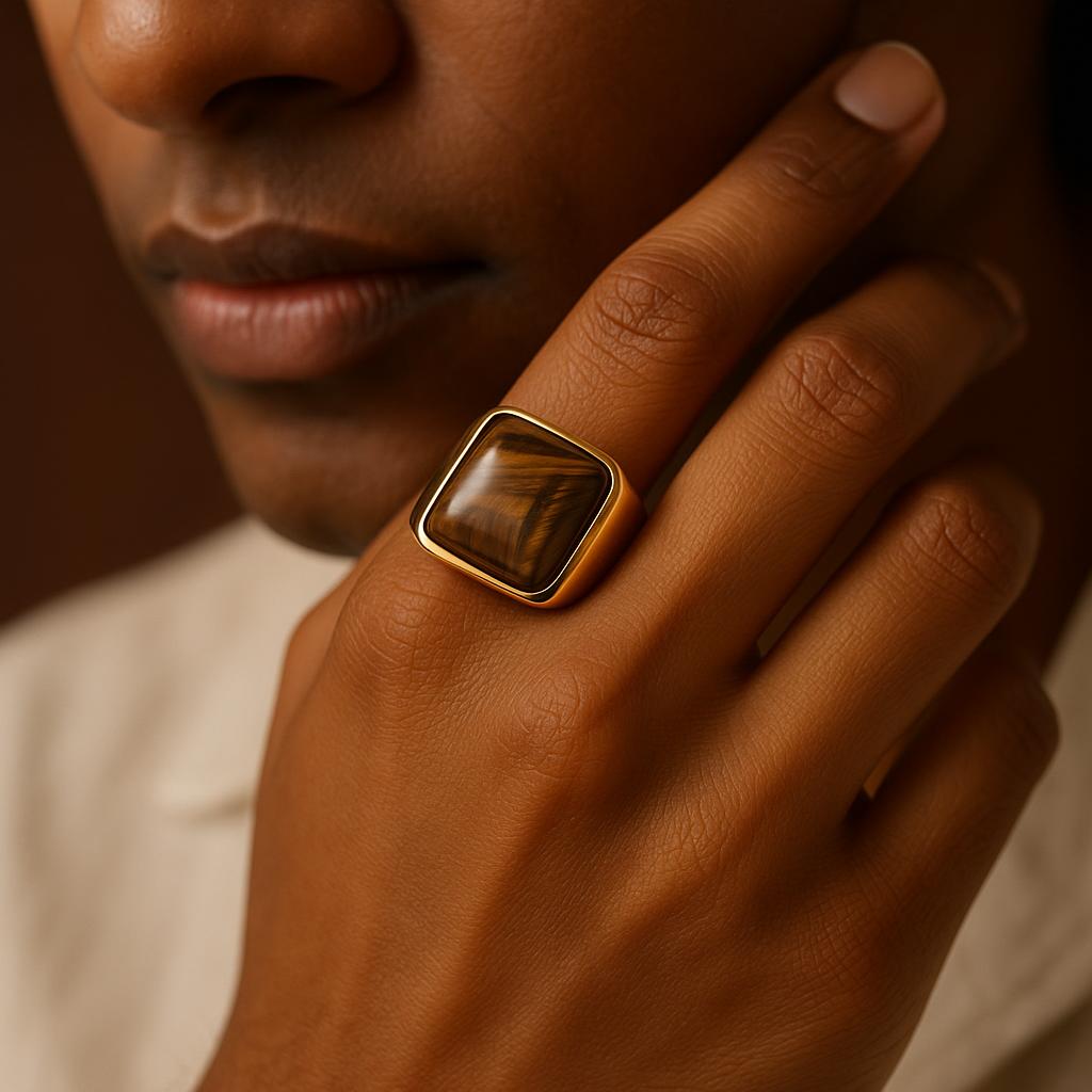 Natural BOLD Tiger Eye Stone Golden Titanium Steel Ring | 18K Real Gold PVD Plated– For Men | Includes: Ring