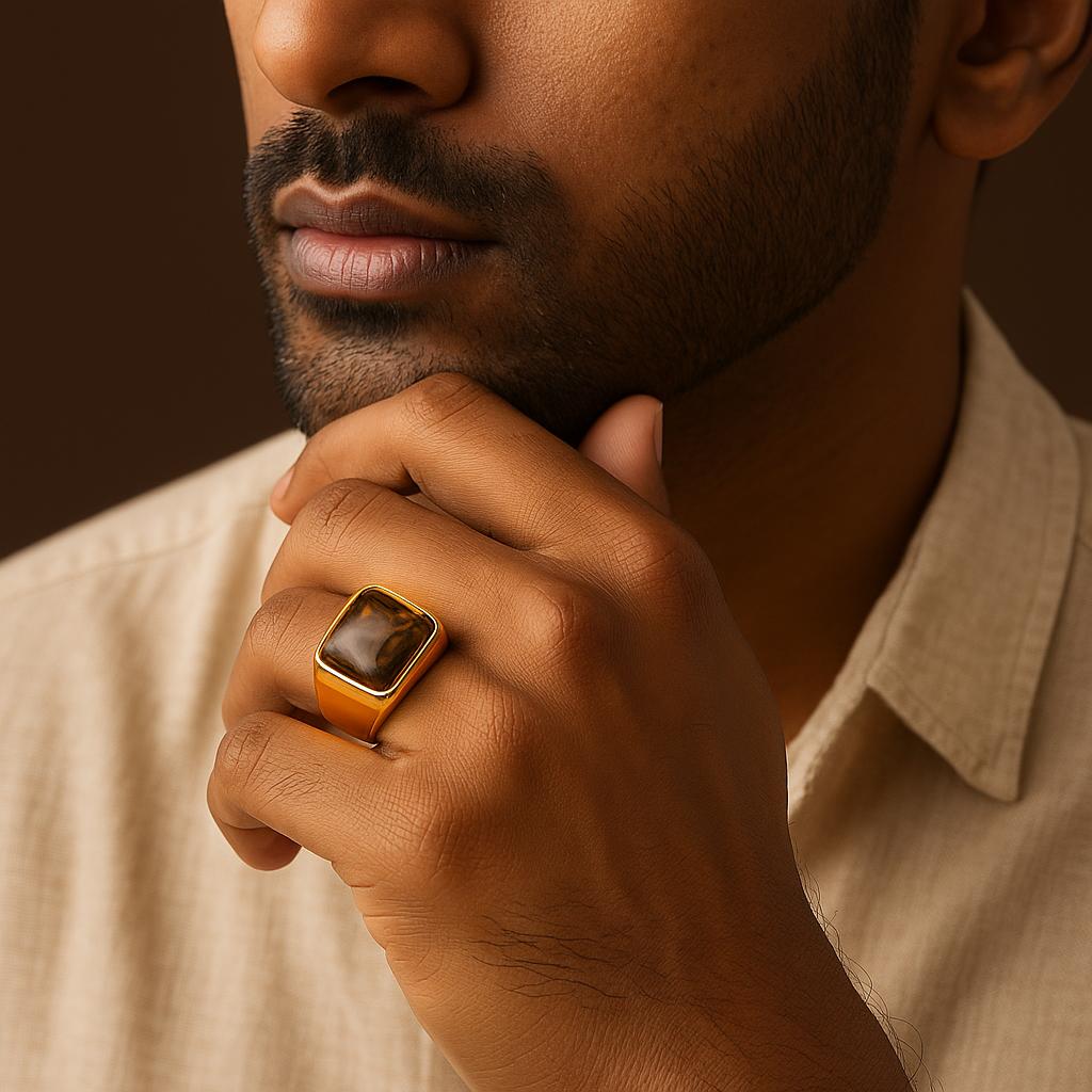 Natural BOLD Tiger Eye Stone Golden Titanium Steel Ring | 18K Real Gold PVD Plated– For Men | Includes: Ring