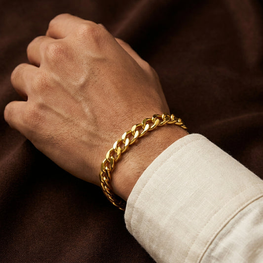 Golden Oval Link Design Flexi Size Steel Regular Bracelet (7MM) | 18K PVD Gold Plated- For Men | Includes: Bracelet