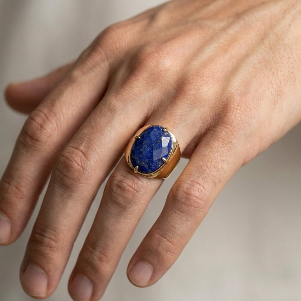 Natural Lapis Lazuli Faceted Stone Golden Flexi Size Ring | 18K Real Gold PVD Plated– For Men | Includes: Ring