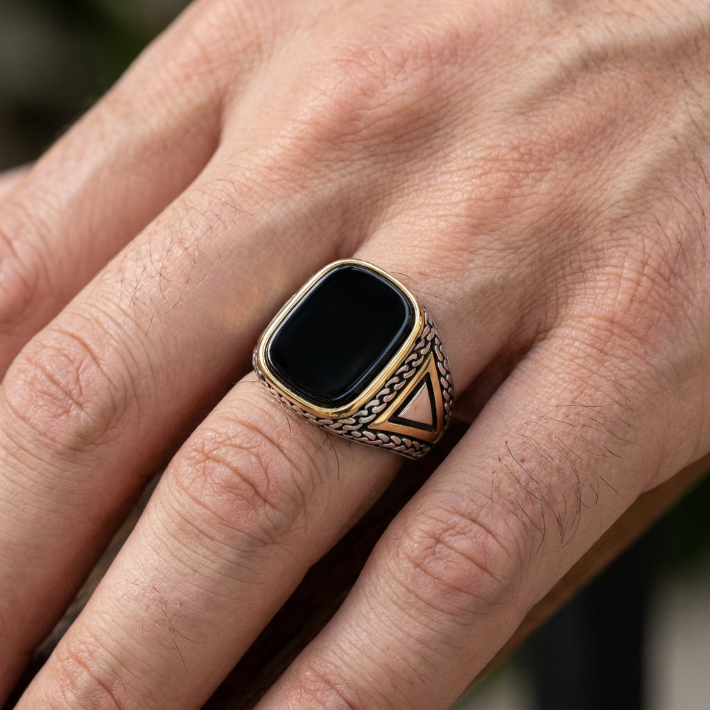 Real Black Stone Everyday Titanium Steel Ring | PVD Plated– For Men | Includes: Ring