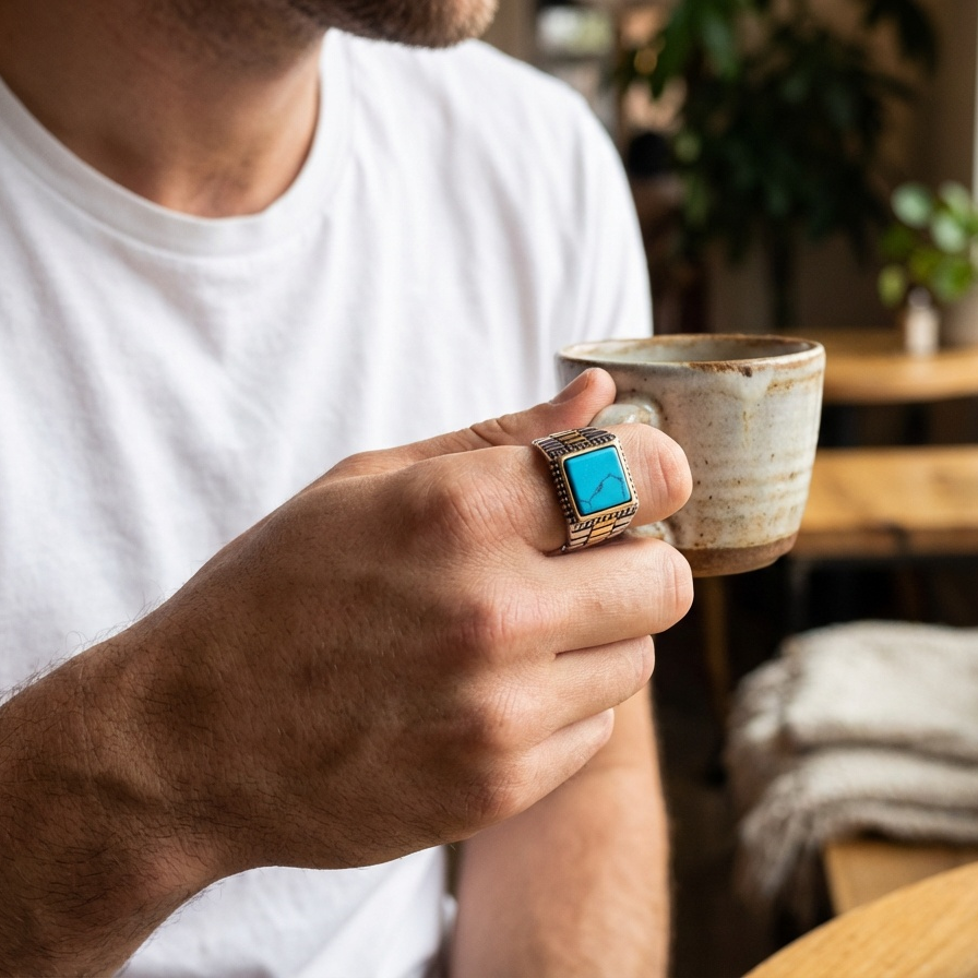 Natural Turquoise Stone Pyramid Ring | TITANIUM STEEL– For Men | Includes: Ring
