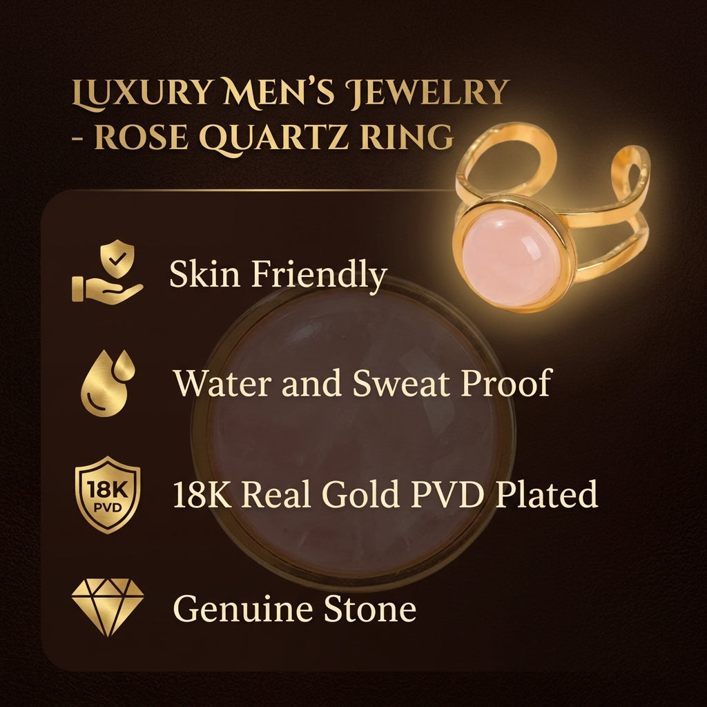 Rose Quartz Real Stone Flexi Size Golden Ring | 18K Real Gold PVD Plated– For Men | Includes: Ring