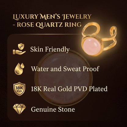 Rose Quartz Real Stone Flexi Size Golden Ring | 18K Real Gold PVD Plated– For Men | Includes: Ring