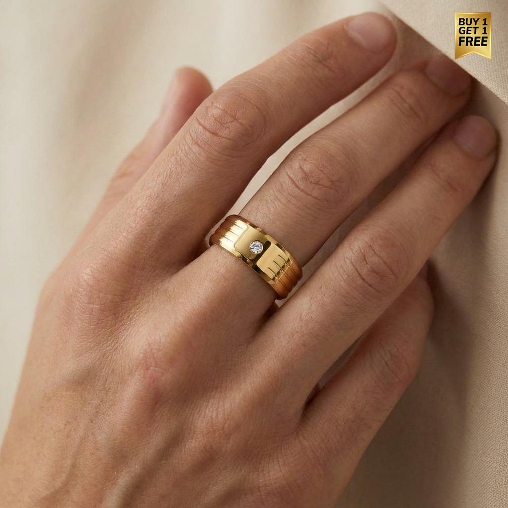 Solitire Mini Zircon Titanium Steel Golden Ring | 18K Real Gold PVD Plated– For Men | Includes: Ring
