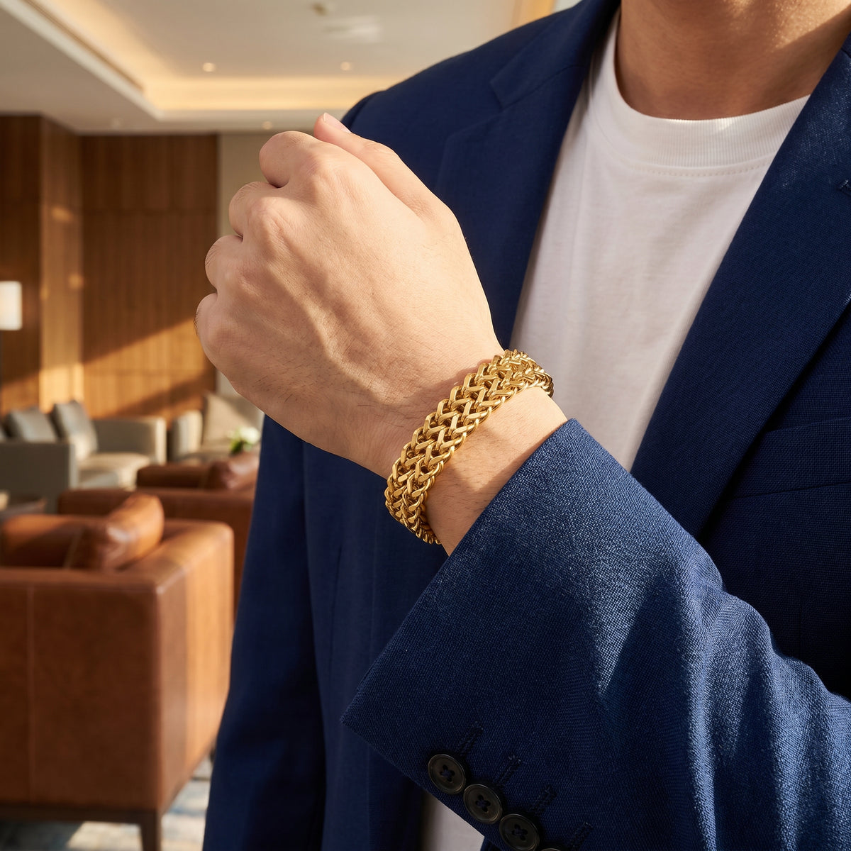 Classic Bold Golden Chain Flexi fit Bracelet | 18k PVD Gold Plated - For Men | Includes: Bracelet