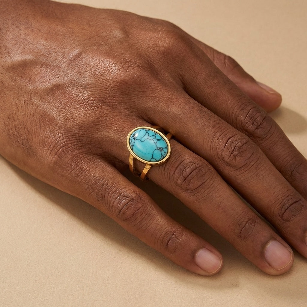 Turquoise Stone Golden Dual Band Oval Ring | 18K Real Gold PVD Plated– For Men | Includes: Ring