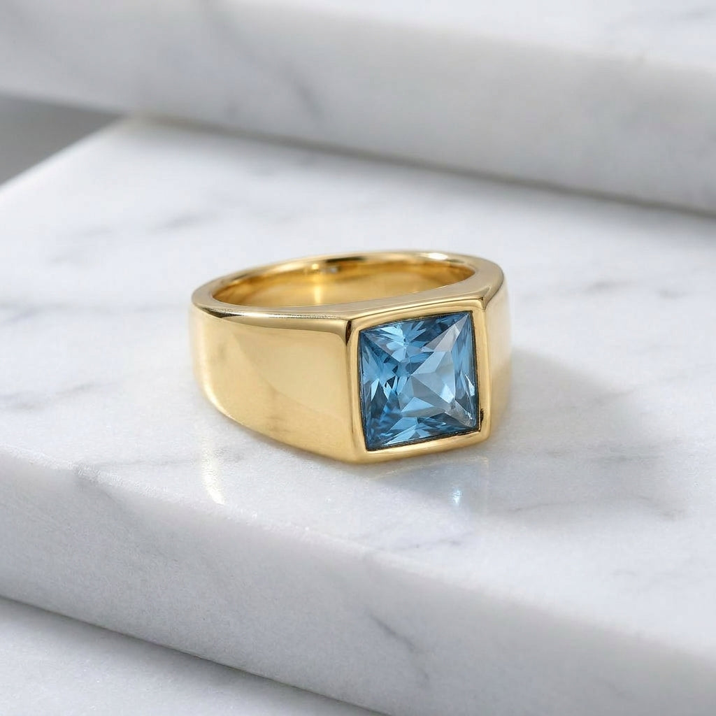 Golden Regular Light Blue Square Zircon Titanium Ring | 18K Real Gold PVD Plated– For Men | Includes: Ring