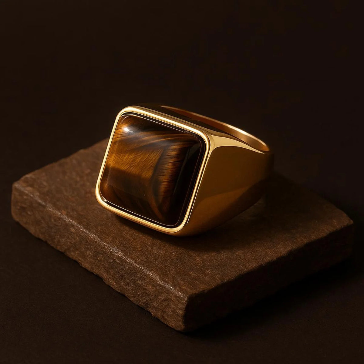 Natural BOLD Tiger Eye Stone Golden Titanium Steel Ring | 18K Real Gold PVD Plated– For Men | Includes: Ring