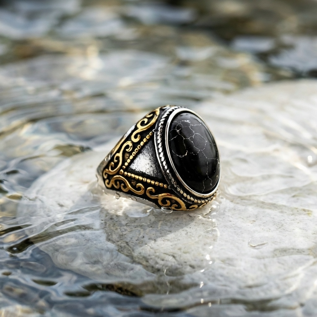 Black Turquoise Stone Arabic Ring | Titanium Steel– For Men | Includes: Ring