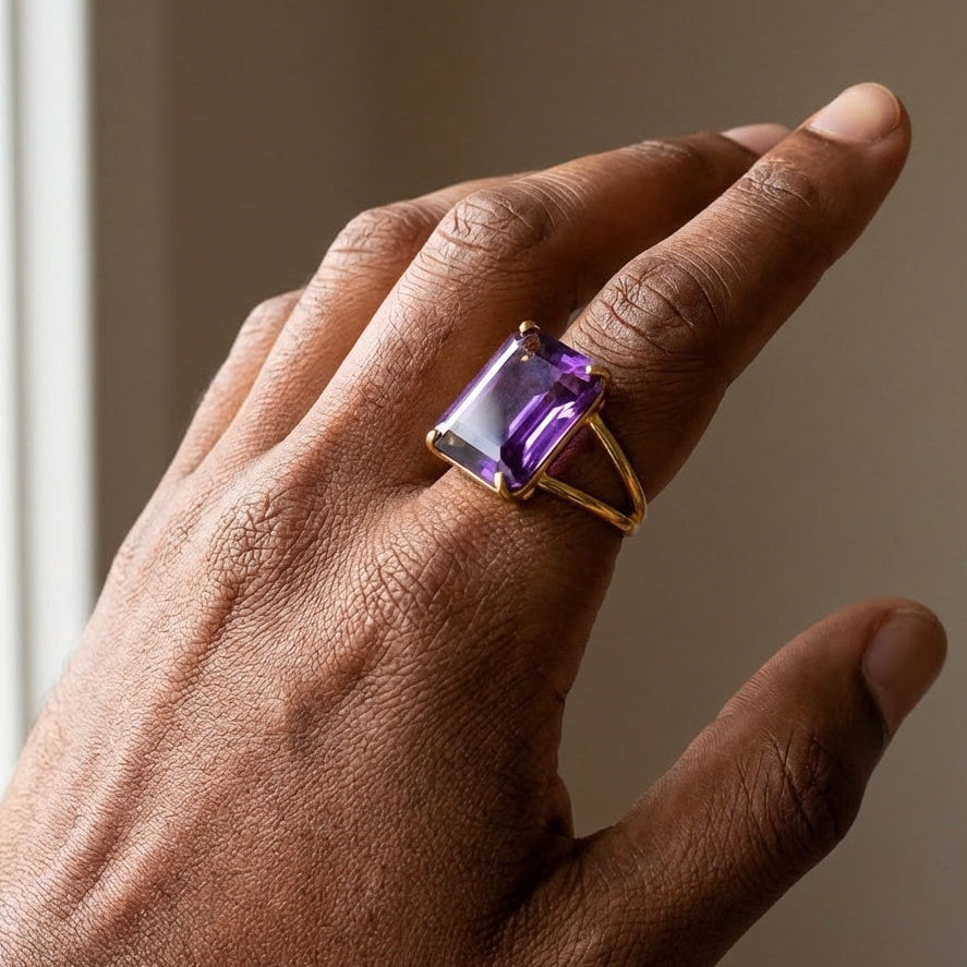 BOLD Natural Amethyst Stone Golden Flexi Size Ring | 18K Real Gold PVD Plated– For Men | Includes: Ring