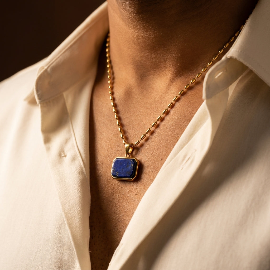 Lapis Lazuli REAL Stone Men's Necklace | 18K PVD Gold Plated - For Men| Includes: Necklace