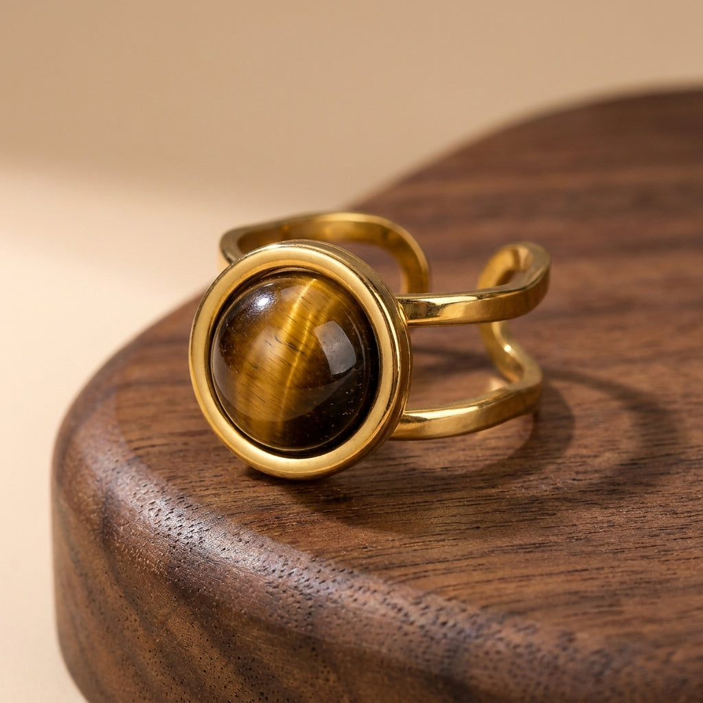 Tiger Eye Real Stone Flexi Size Golden Ring | 18K Real Gold PVD Plated– For Men | Includes: Ring