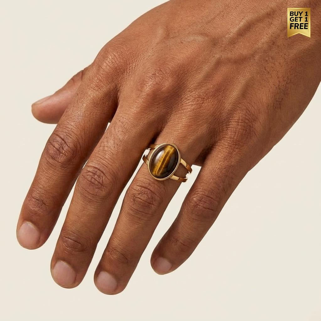 Cat's Eye Stone Golden Dual Band Oval Ring | 18K Real Gold PVD Plated– For Men | Includes: Ring