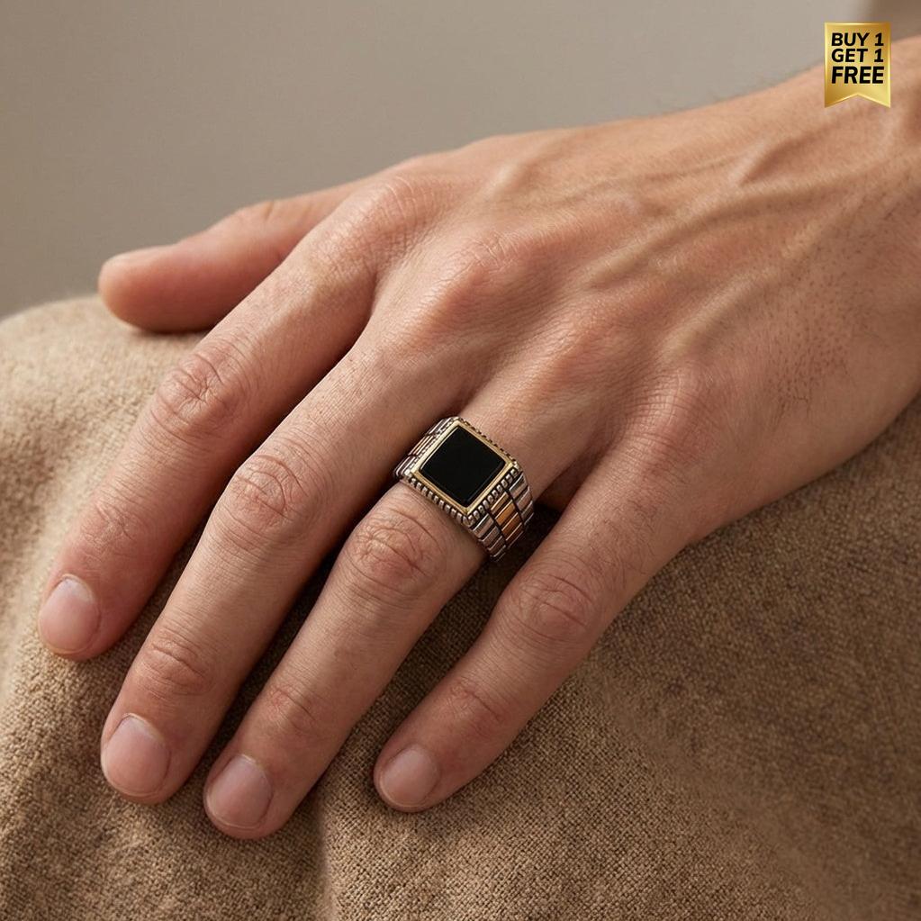 Natural Black Obsidian Stone Pyramid Ring | TITANIUM STEEL– For Men | Includes: Ring