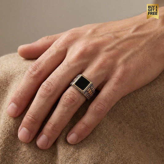 Natural Black Obsidian Stone Pyramid Ring | TITANIUM STEEL– For Men | Includes: Ring