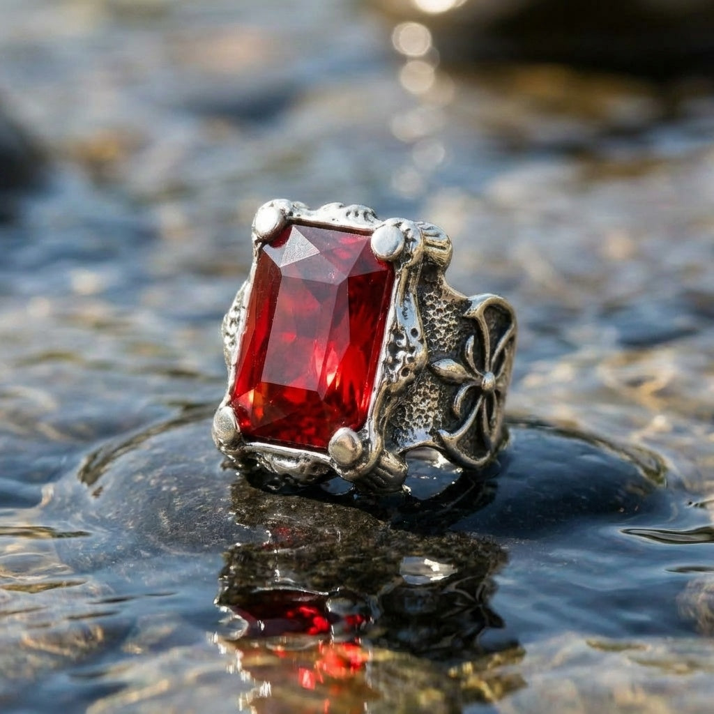 Red Zircon BOLD Iranian Sword Ring | Titanium Steel– For Men | Includes: Ring