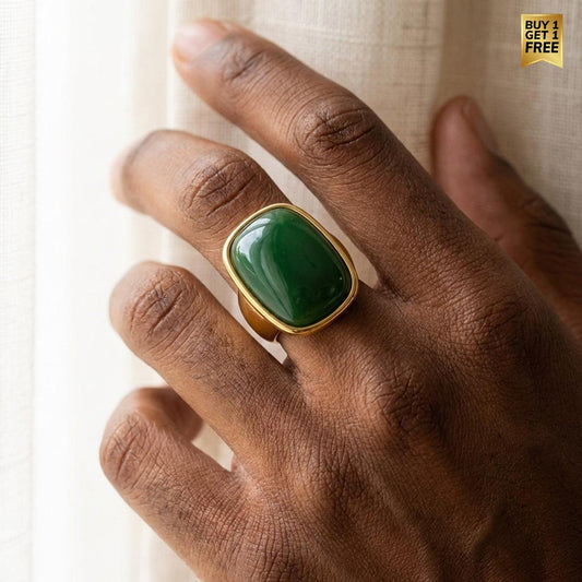 Ultra Bold Natural Green Agate Stone Golden Ring | 18K Real Gold PVD Plated– For Men | Includes: Ring