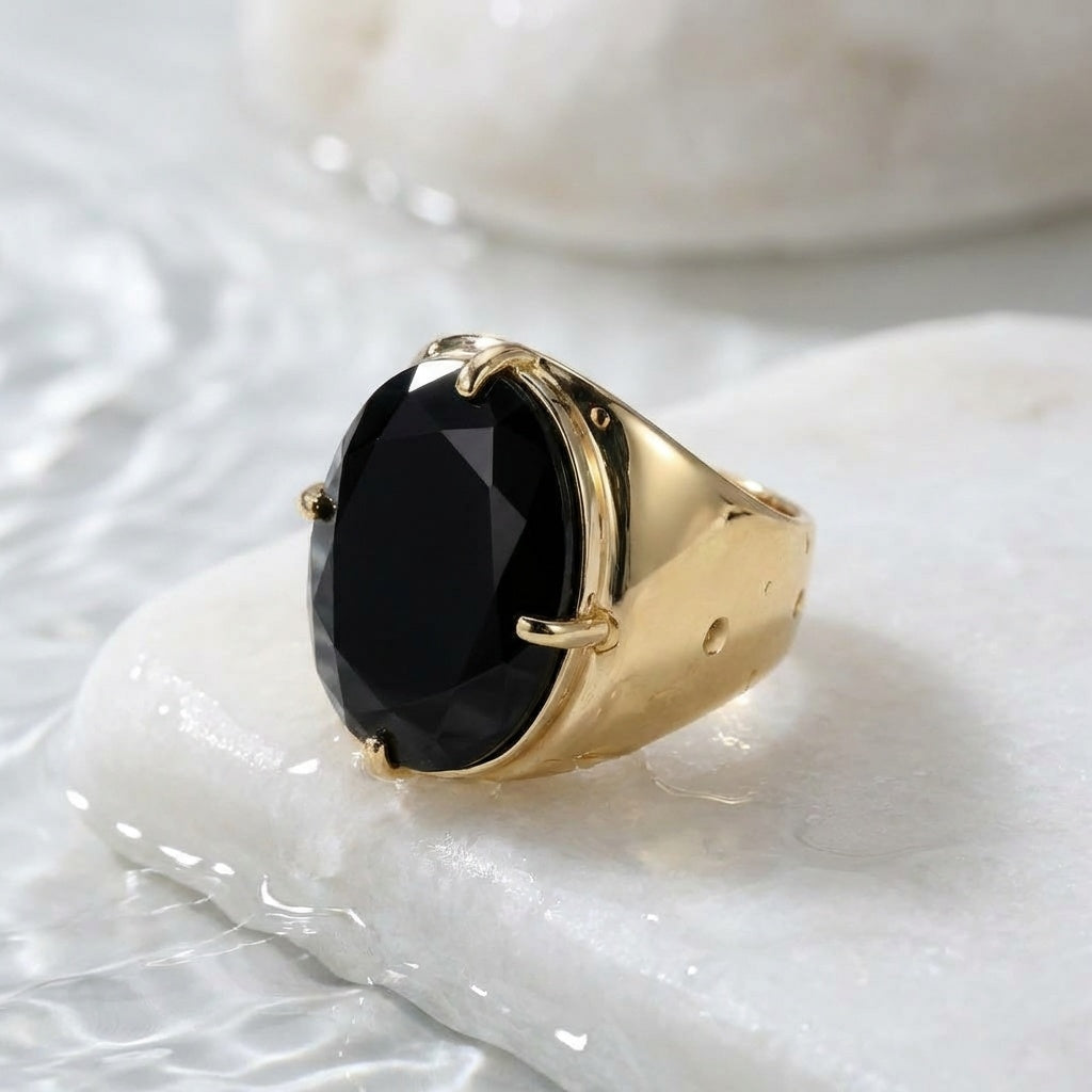 Natural Black Onyx Faceted Stone Golden Flexi Size Ring | 18K Real Gold PVD Plated– For Men | Includes: Ring