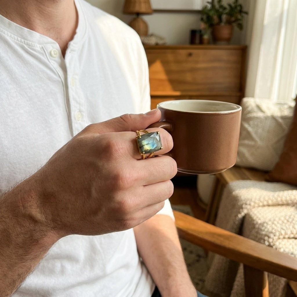 BOLD Labradorite Stone Golden Flexi Size Ring | 18K Real Gold PVD Plated– For Men | Includes: Ring